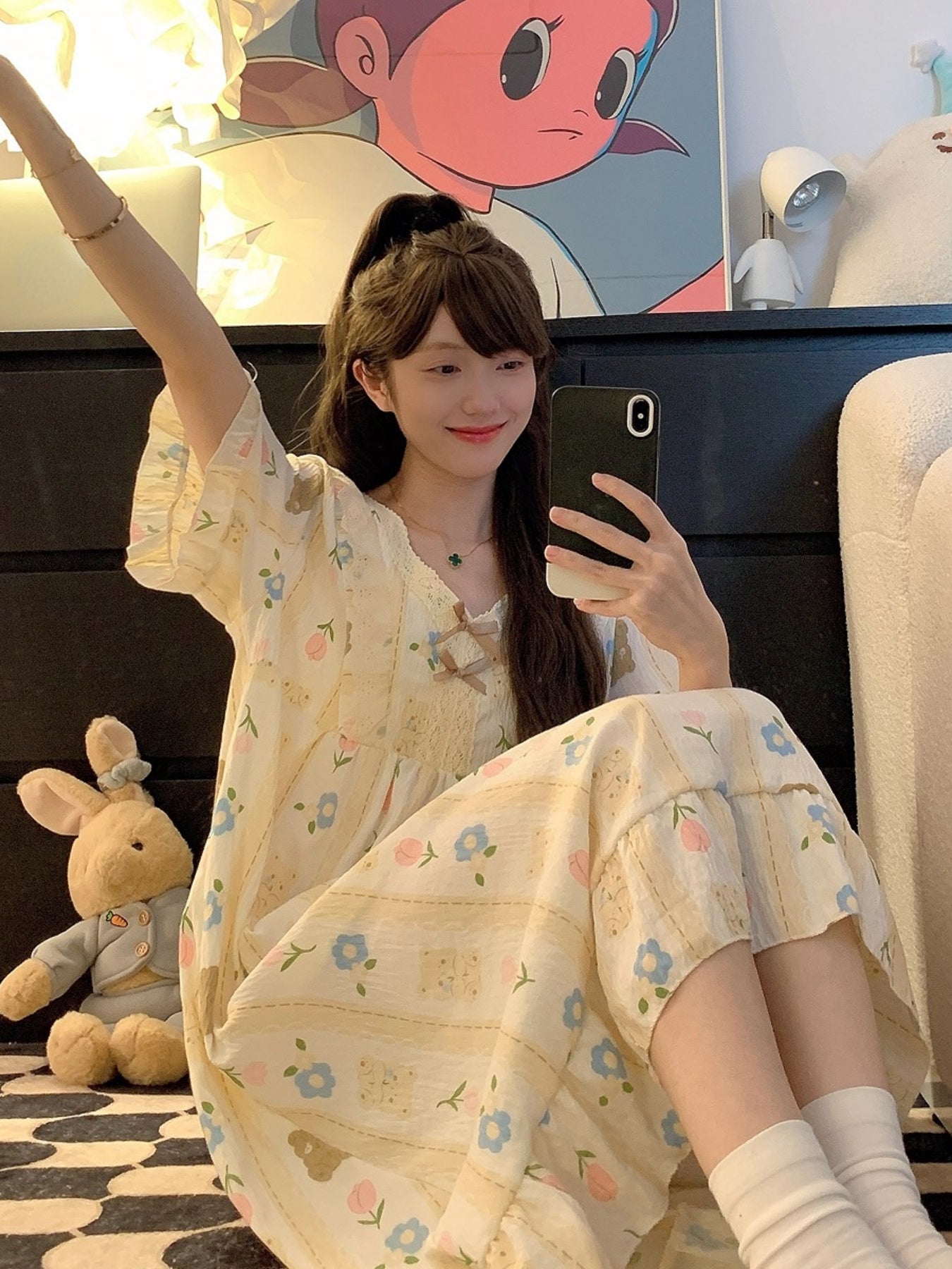 Plus Size Slit-Fit Nightgown with V-Neck Cotton Pajama with Bear Print