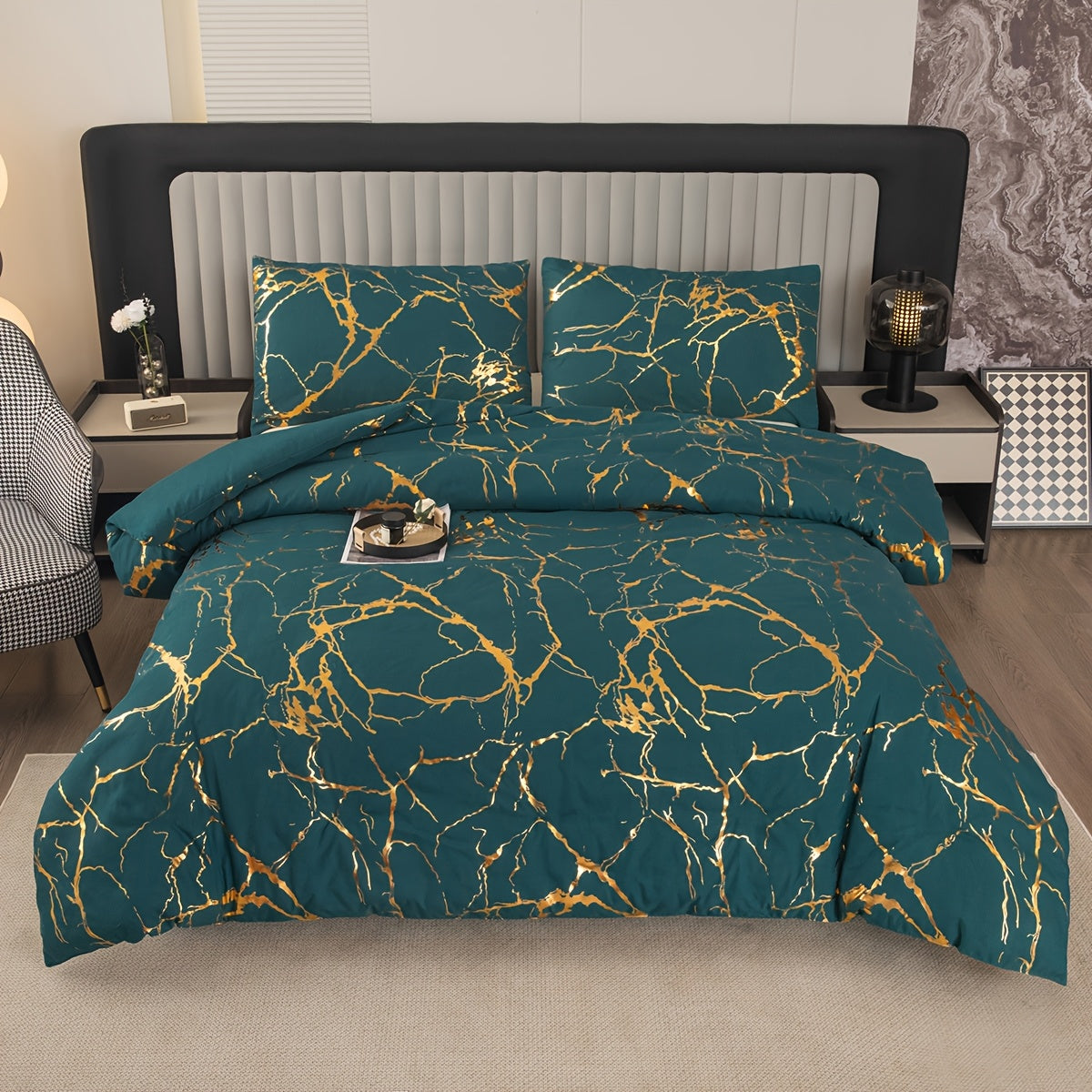 Elegant Marble Pattern Bedding Set in Pink Gray Green Blue Purple Washable Ultra-fine Fiber Duvet Cover 2-3 Piece