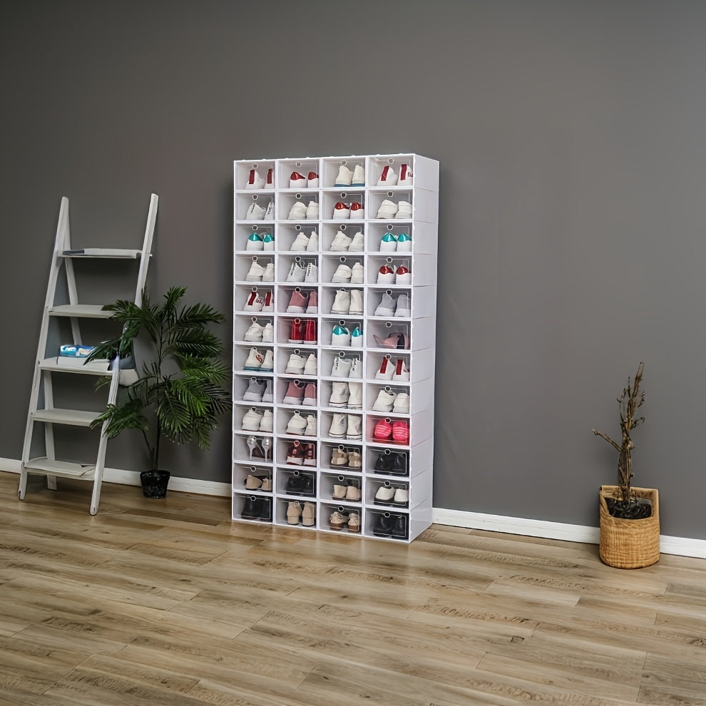 12 ta paketli stackable poyafzal saqlash qutilari, flip qopqog'lari bilan, suv o'tkazmaydigan, chang o'tkazmaydigan, shaffof tashkilotchilar