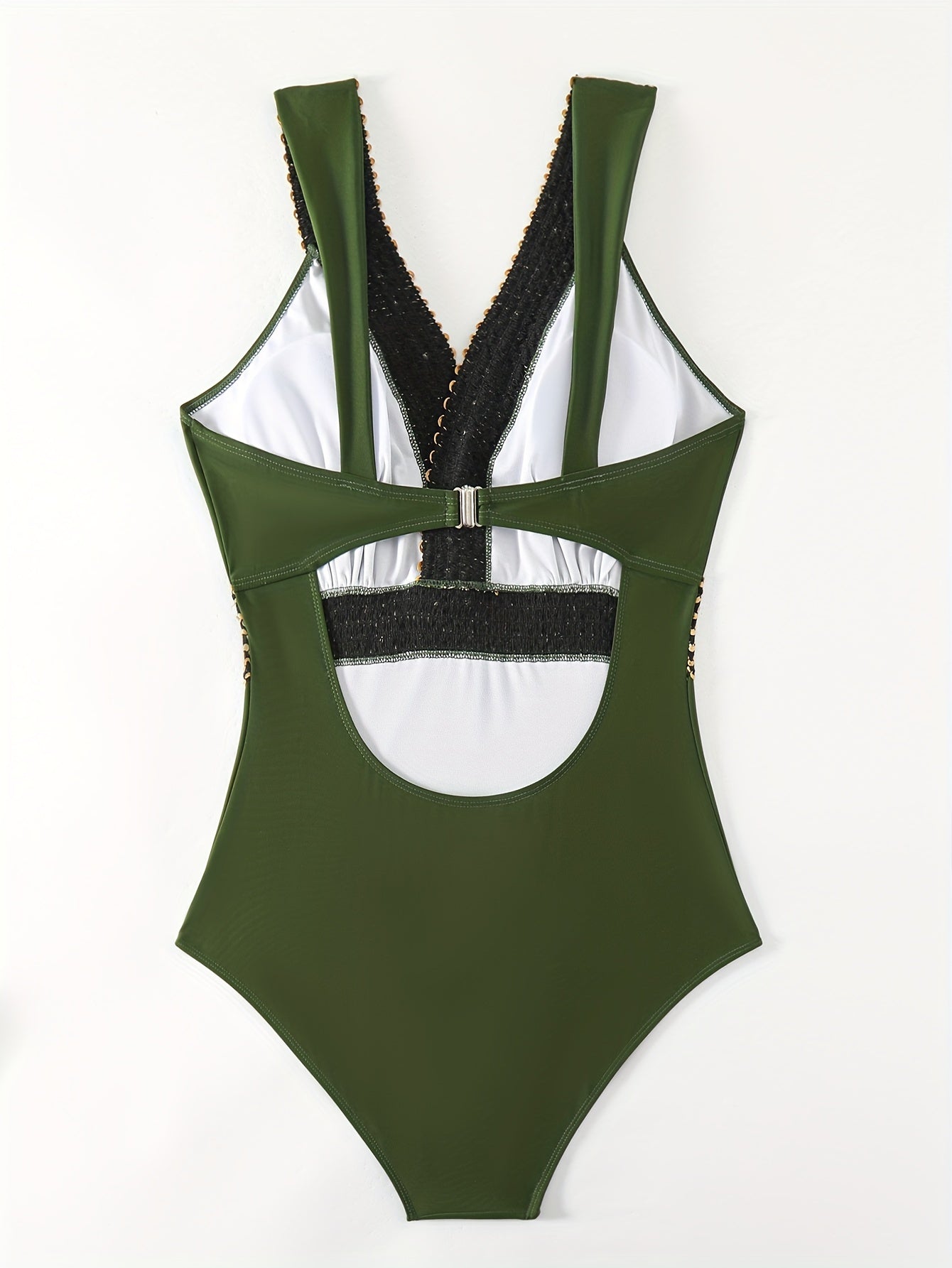 Women's Solid Color V Neck Backless One-Piece Swimsuit with Buckles