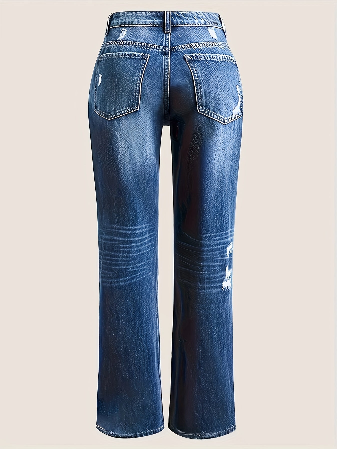 Women's Light Blue Distressed Straight Jeans High Stretch Casual