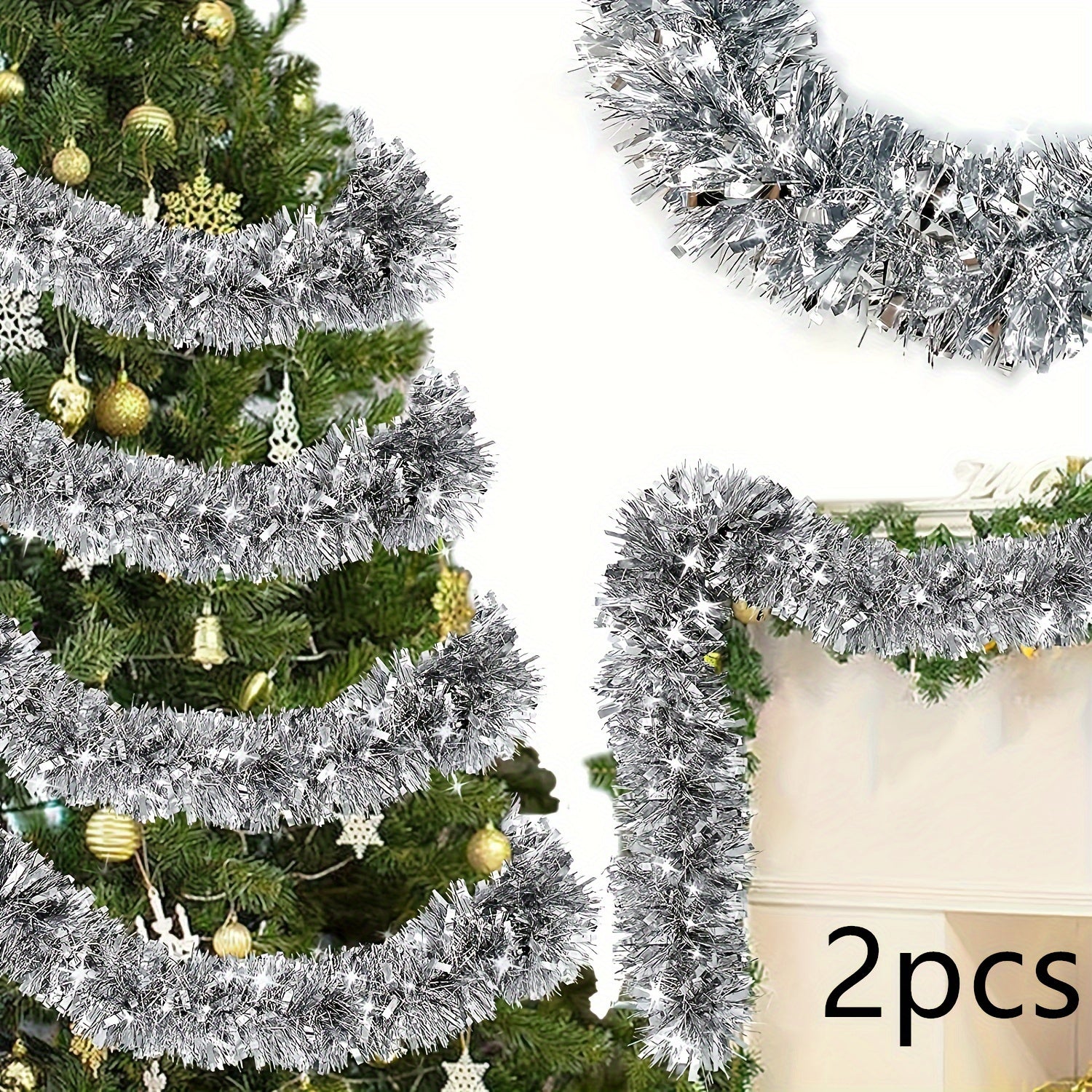 Paquete de 2 guirnaldas de plástico con tinsel para Navidad, decoración interior y exterior