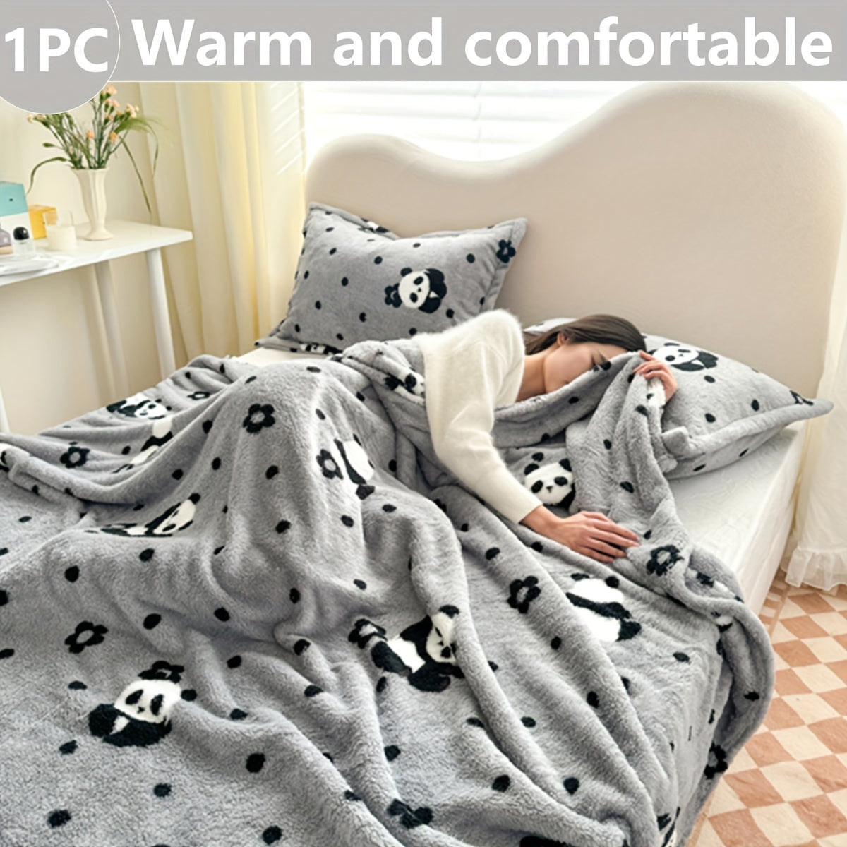 Flannel Bed Blanket Reversible Panda Pattern Soft Polyester All-Season 320gsm