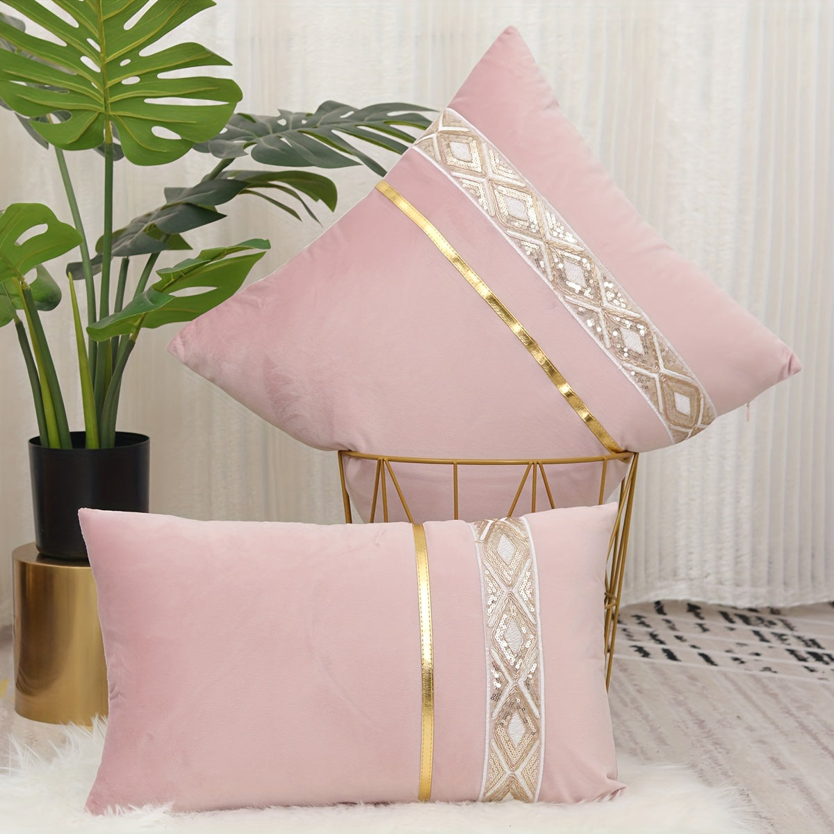 Funda de cojín decorativo de encaje de diamantes de terciopelo, reversible con cremallera, resistente a manchas