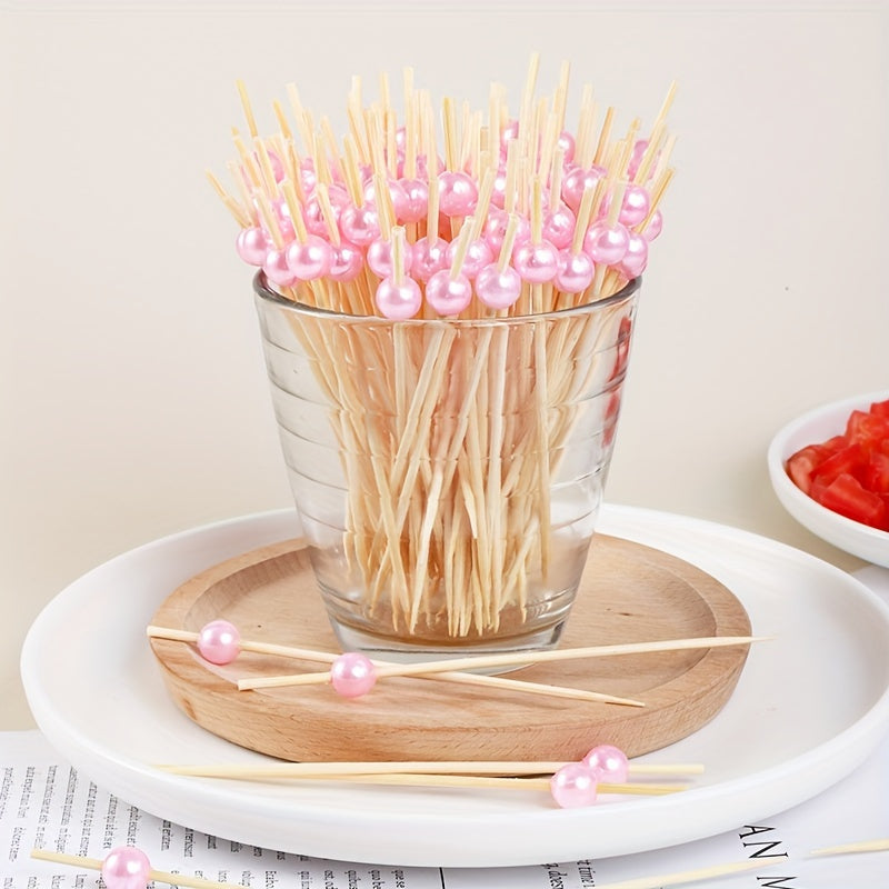 100 Packs Bamboo and Pearl Fruit Fork Sticks for Party, Cakes, Desserts