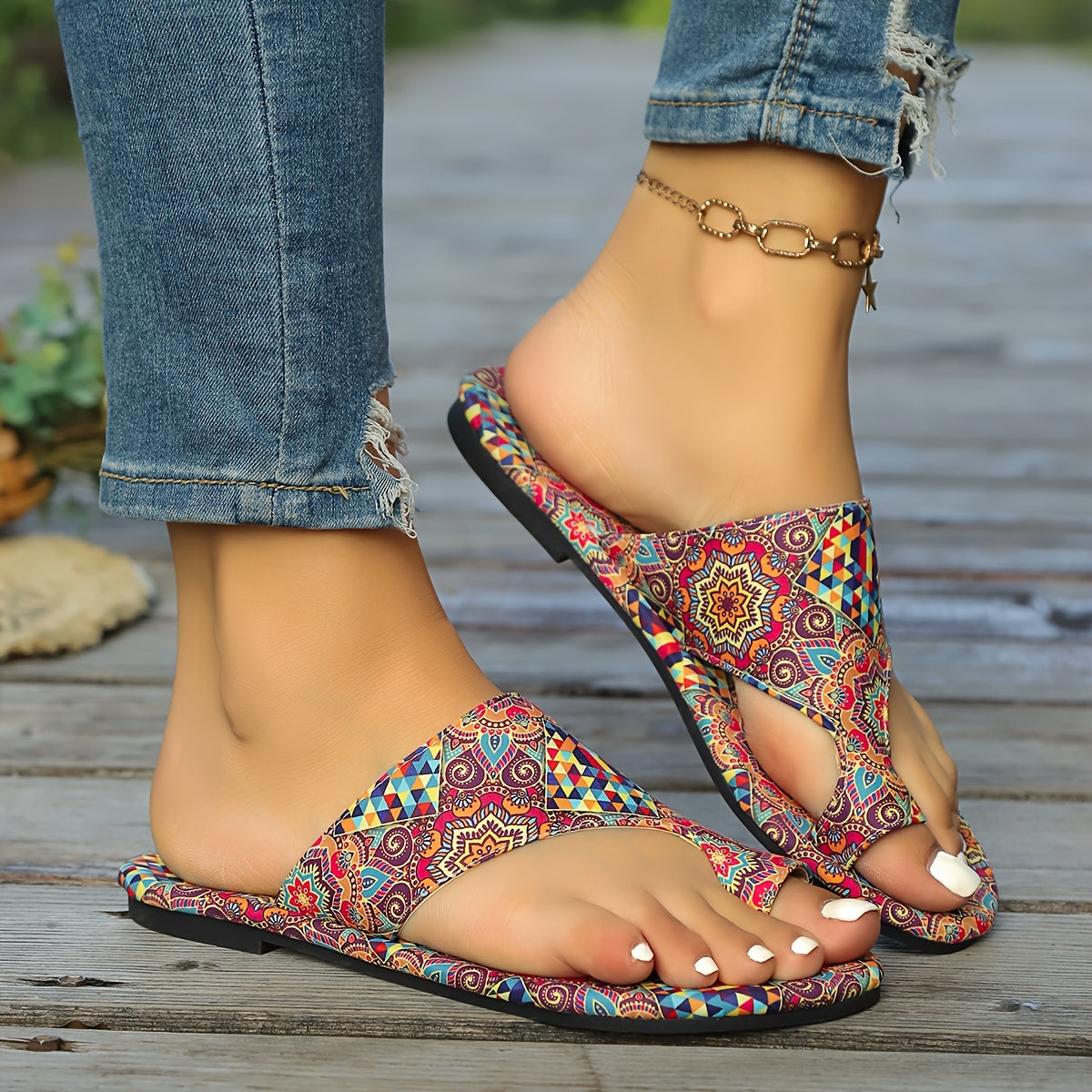 Women's Bohemian Flower Pattern Slide Sandals Open Toe Flat Summer Casual