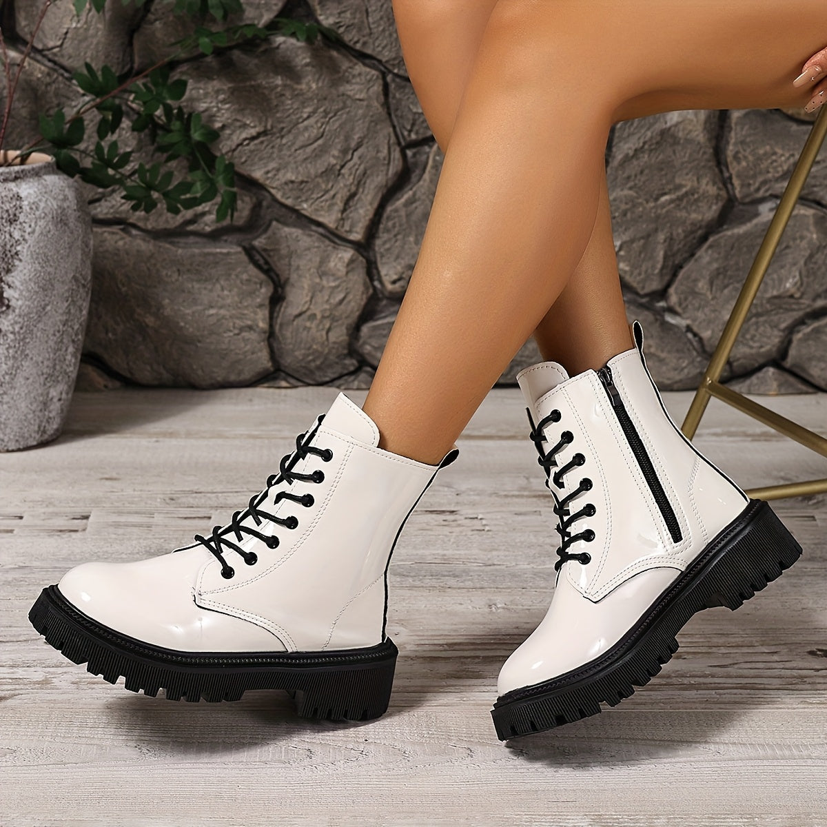 Women's Black Faux Leather Ankle Boots With Lace-Up Mid-Heel Non-Slip Sole