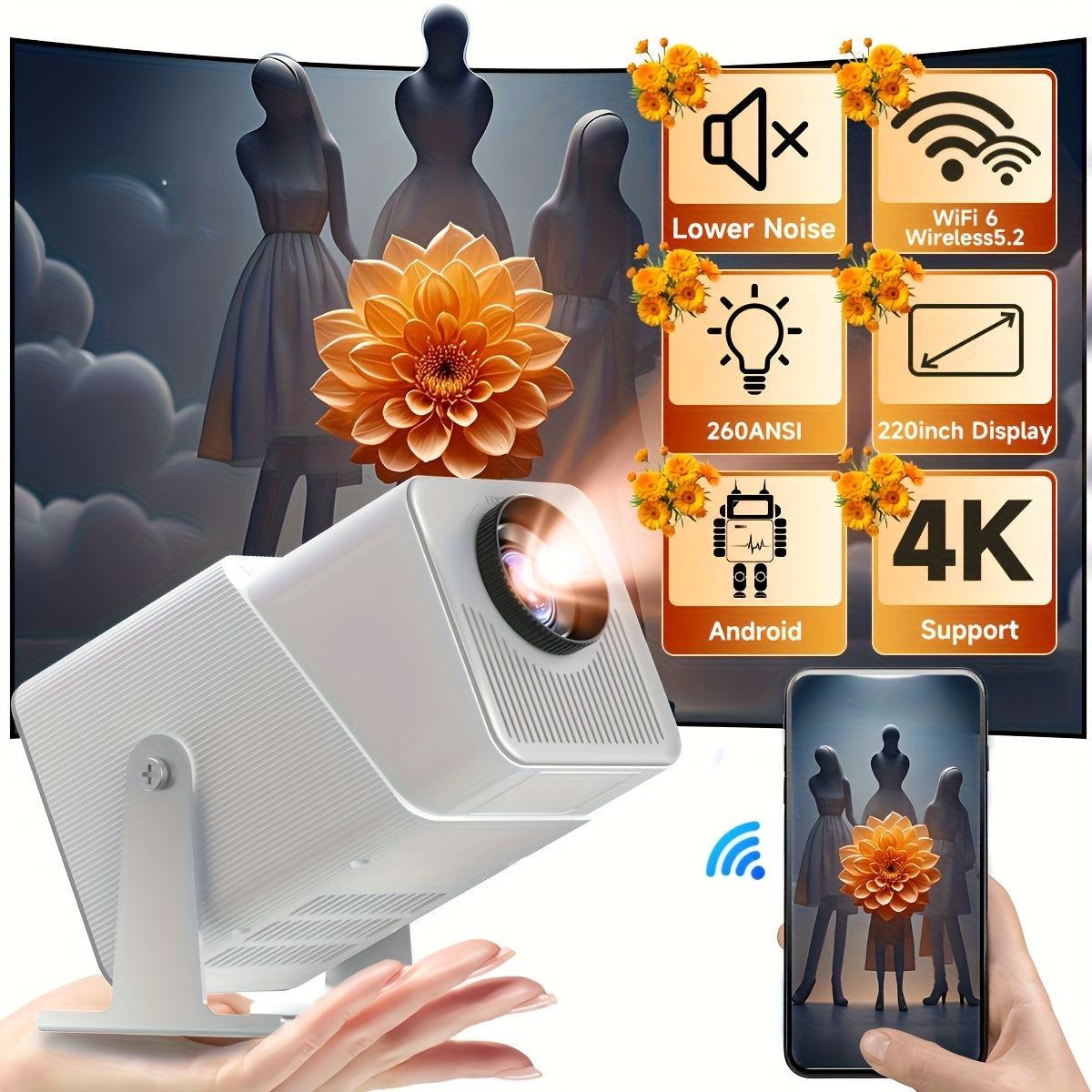 WiFi LED 4K Projector with Android OS, 260 Lumens, Office & Home Use