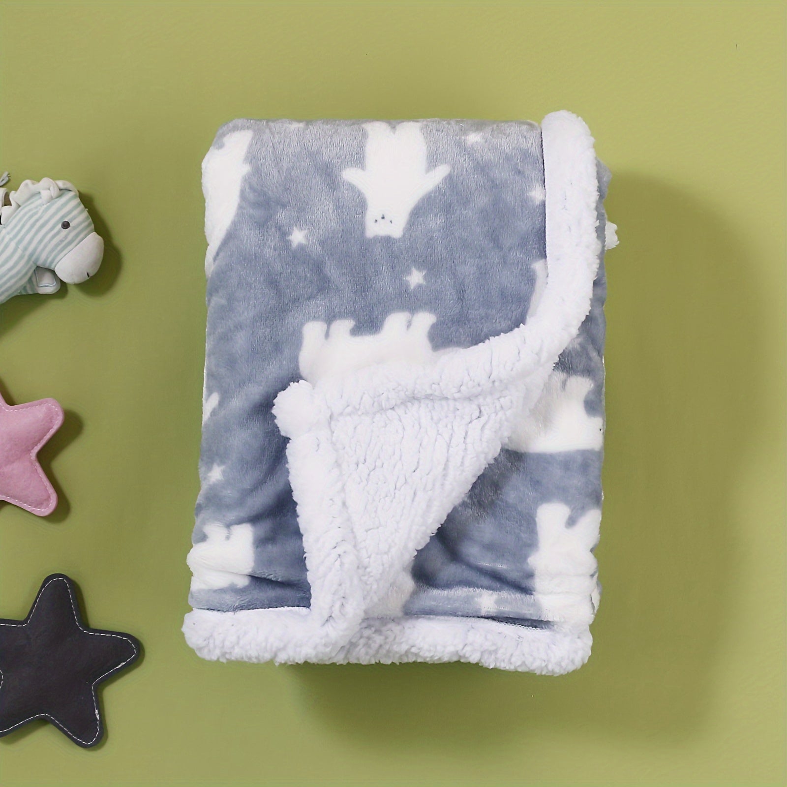 Kids Flannel Blanket with Rabbit Pattern for Spring and Autumn Gray Green Thick Cozy Machine Washable