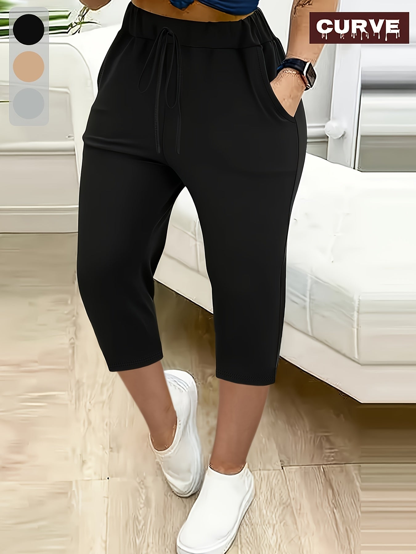 Women's Stretchy Capri Pants with Drawstring Waist Black Cropped Trousers