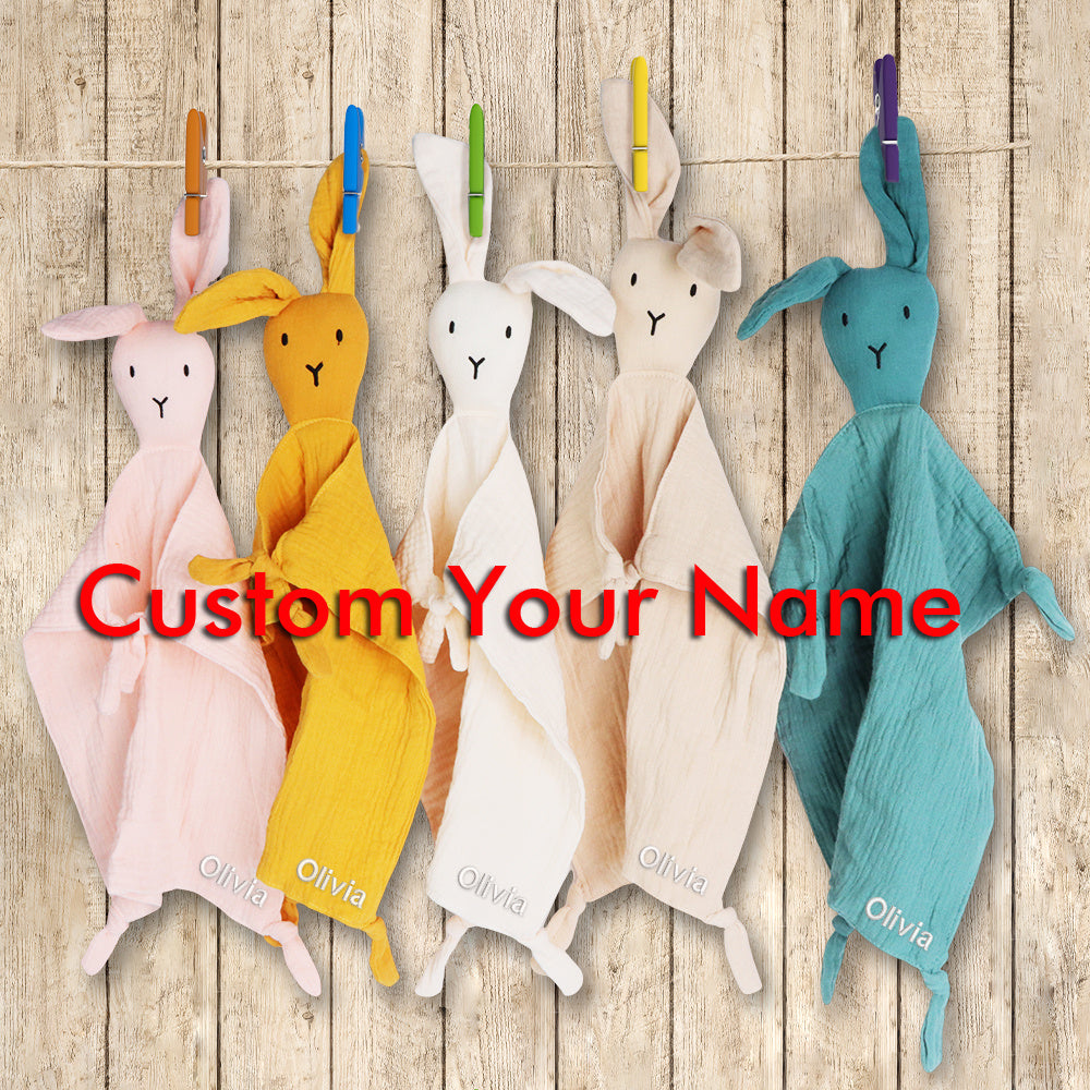 Manta de muselina personalizada para bebé con conejito en rosa, amarillo, beige, azul, marrón claro, suave, transpirable, regalo