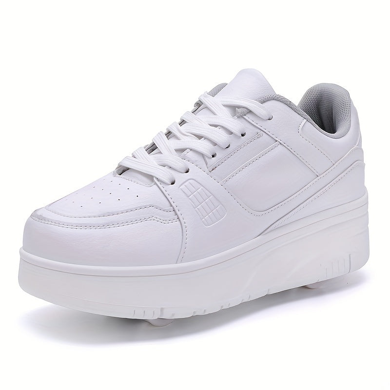 Kids Unisex Skateboard Shoes with Removable Roller Skates Plaid Fabric Low Top Sneakers for Boys and Girls Ages 14 and Under