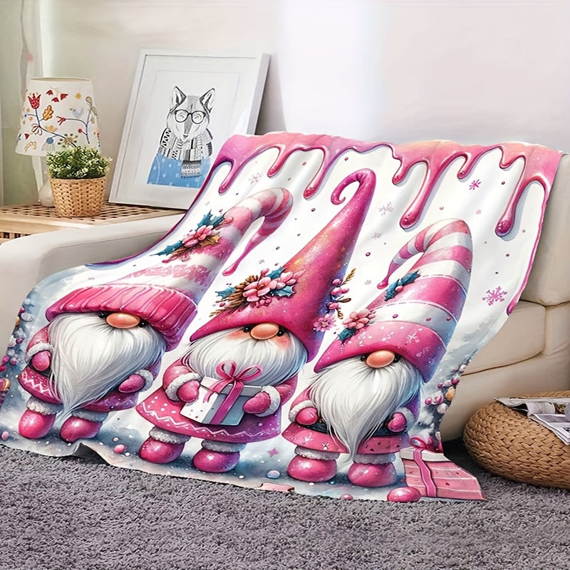 Warm Flannel Throw Blanket with Christmas Gnome and Bell Print for Couch Bed Camping