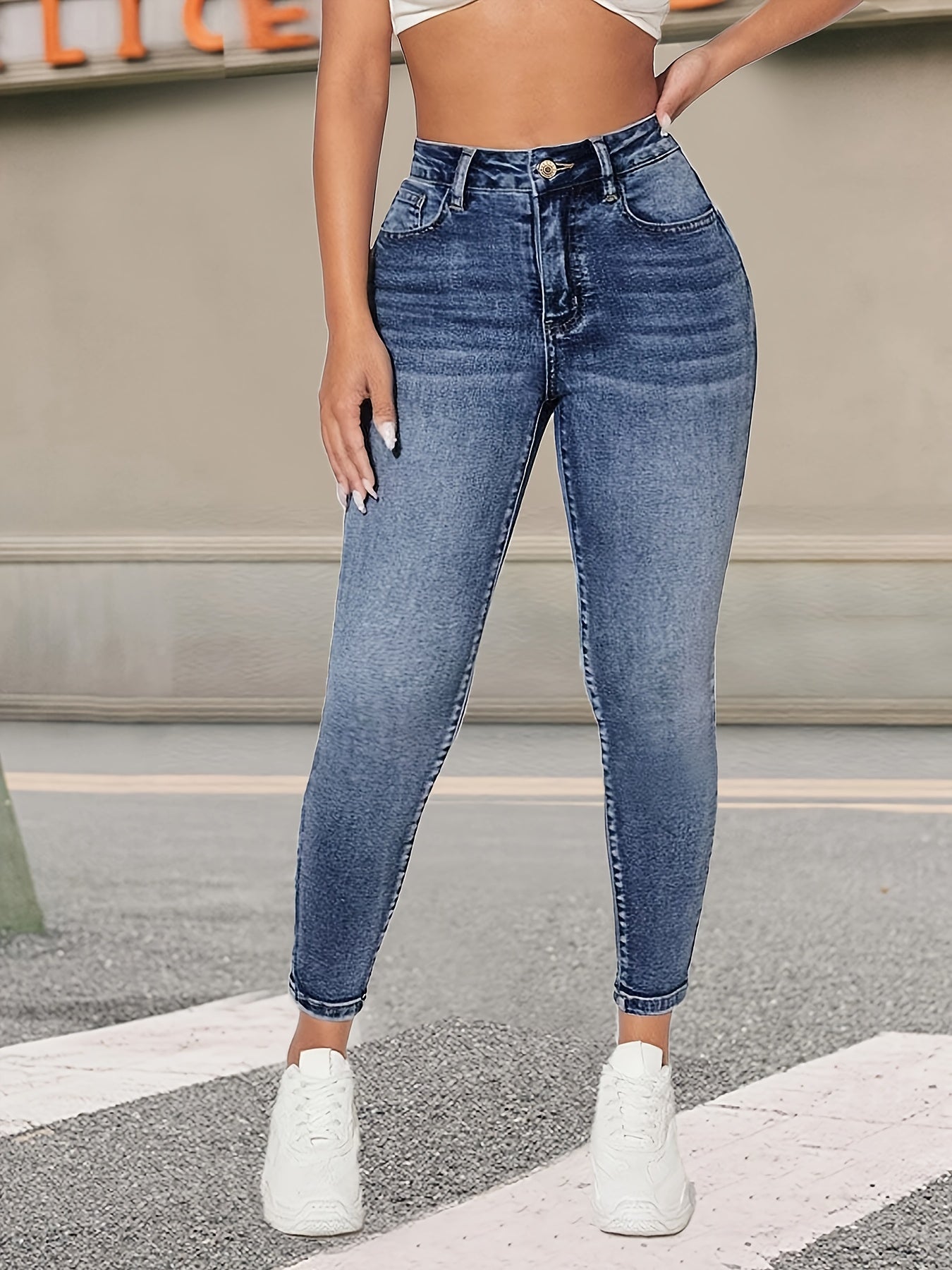 Women's Blue Stretch Skinny Jeans with Slash Pockets and High-Elastic Denim