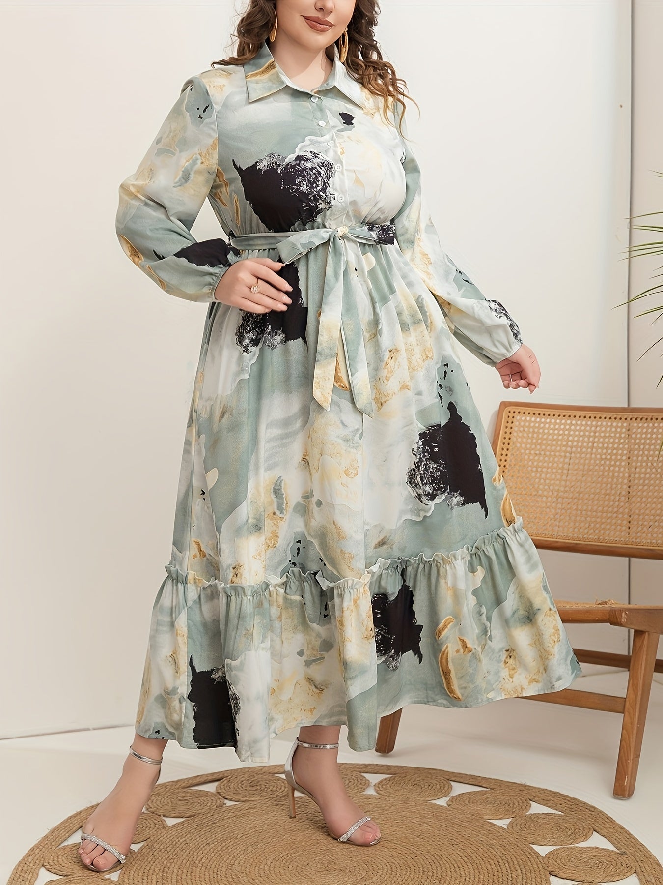 Plus Size Marble Print Dress for Women Long Sleeve Belt Ruffle Hem All-Season Fashion