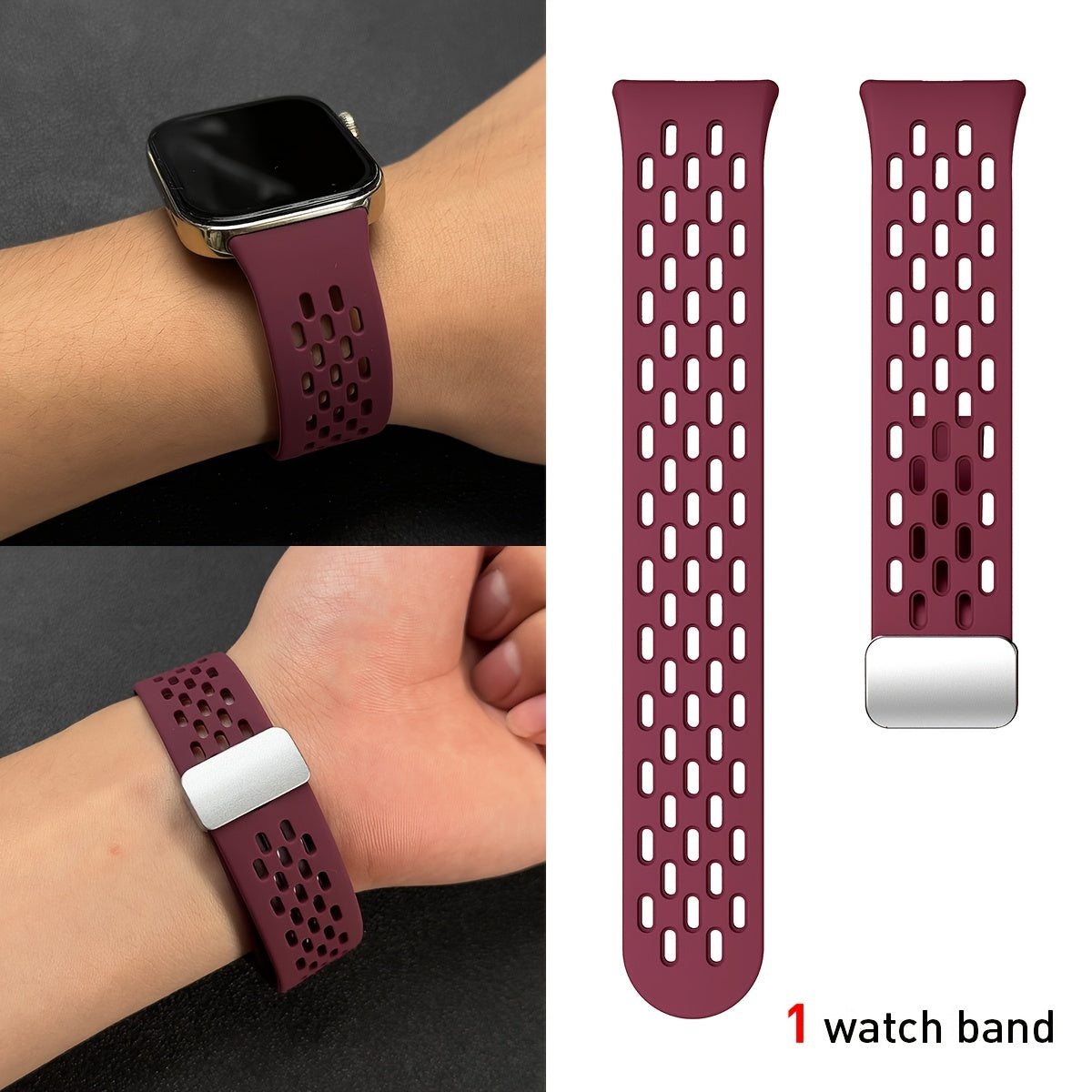 Silicone Watch Strap Breathable Multi-Hole Magnetic Folding for Fitness Tracker