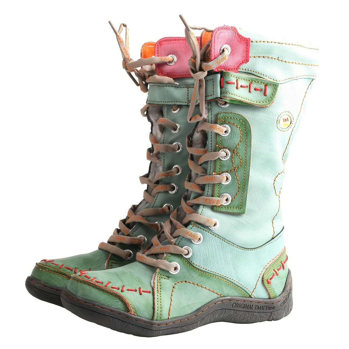 Women's Leather Fleece Lined Color-Blocking Hiking Boots Non-Slip Mid-Calf