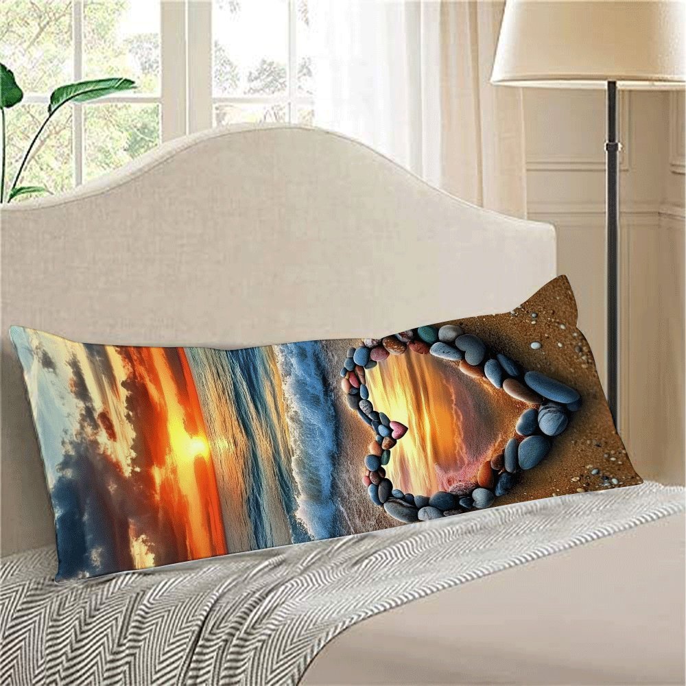 Valentine's Day Heart Beach Scene Plush Pillow Cover 137x51cm Decorative Cushion Case