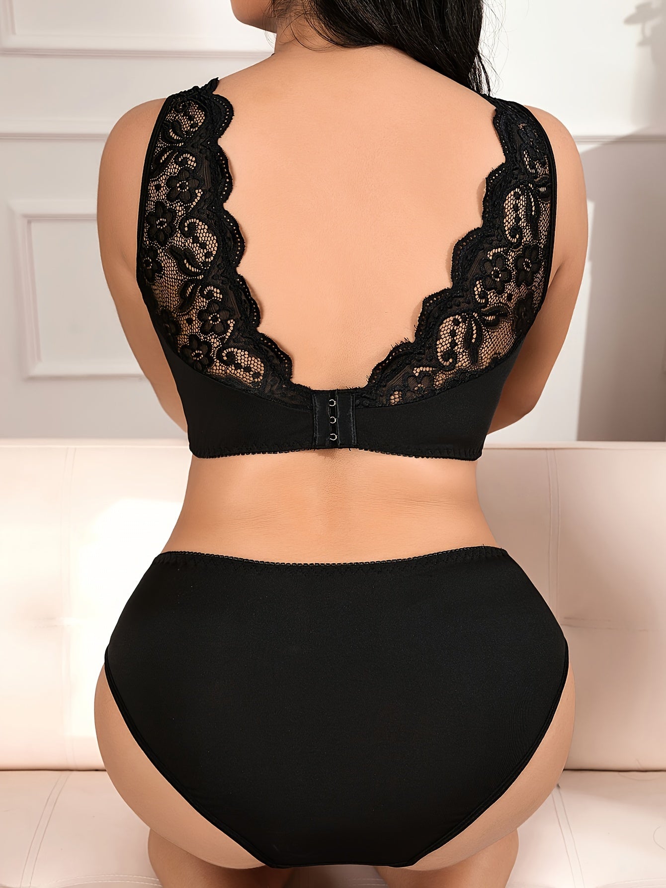 Women's Lace Patchwork Semi-Transparent Lingerie Set with Triangle Panties