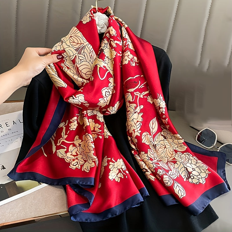 Women’s Satin Shawl with Retro Landscape Print Windproof Sun Protection Wrap