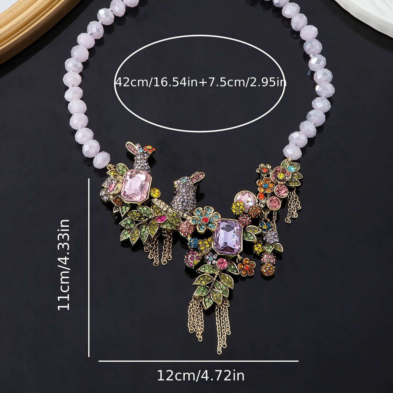 Vintage Style Rabbit Pendant Necklace with Rhinestone Tassels and Leaf Accents