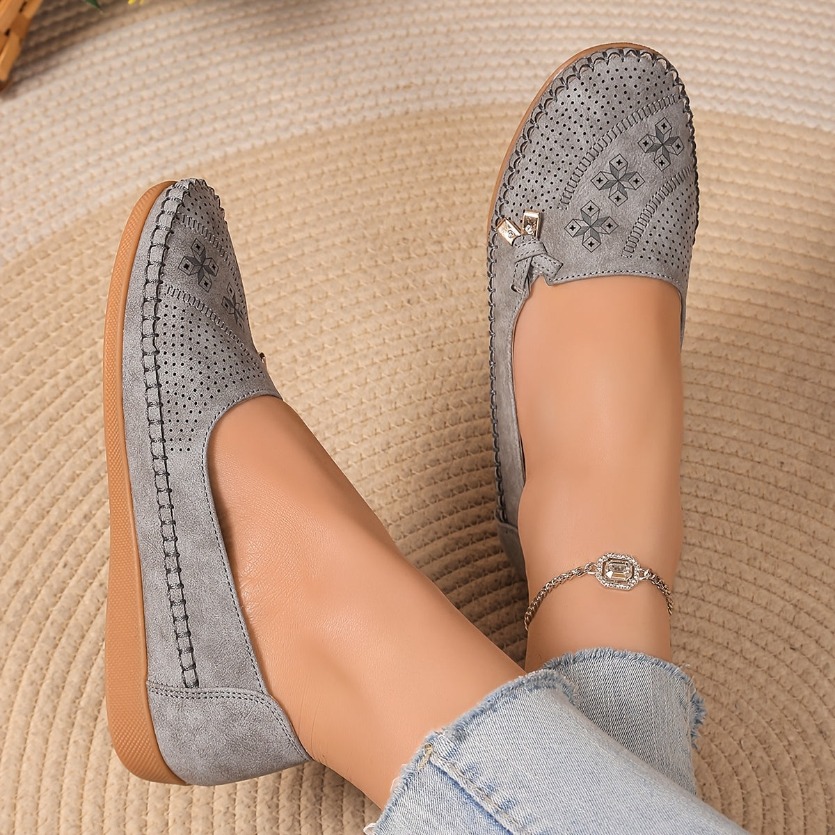 Women's Pink Synthetic Slip-On Loafers with Bow and Geometric Pattern