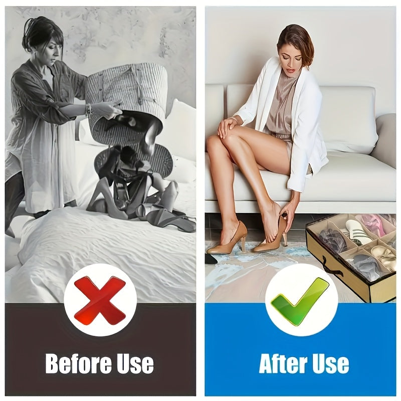 12-Grid Transparent Shoe Storage Bag Made of Washable Polyester Dustproof Moisture-Proof Under Bed Organizer