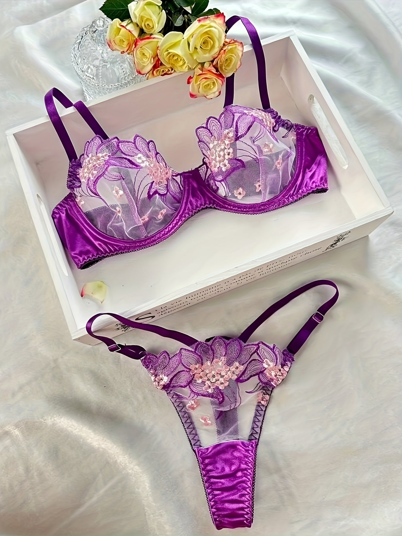 Women's Floral Embroidered Sheer Lingerie Set with Low Cup Non-Padded Bra and G-Strings