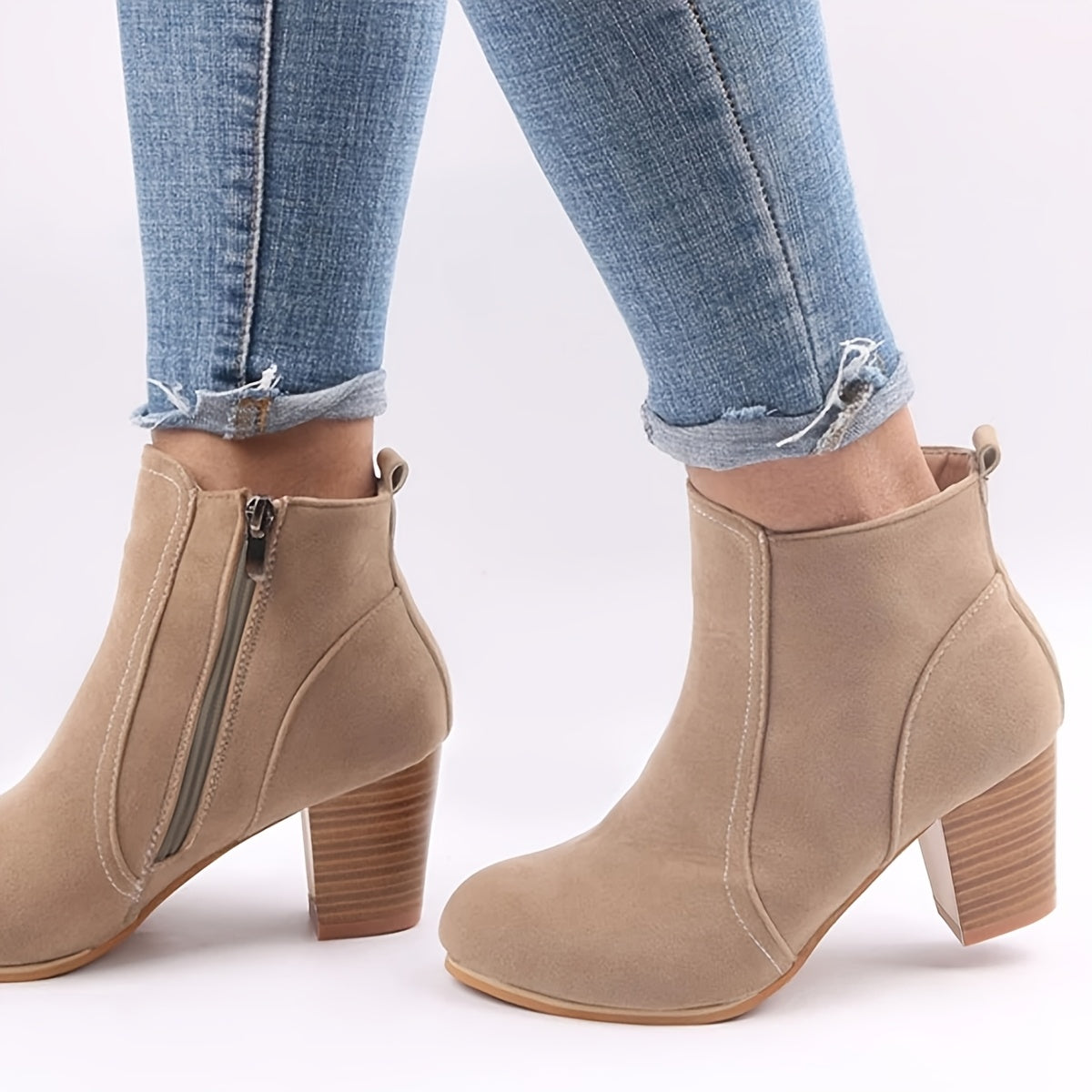 Women's Ankle Boots Fabric Lined Side Zipper Chunky Heel