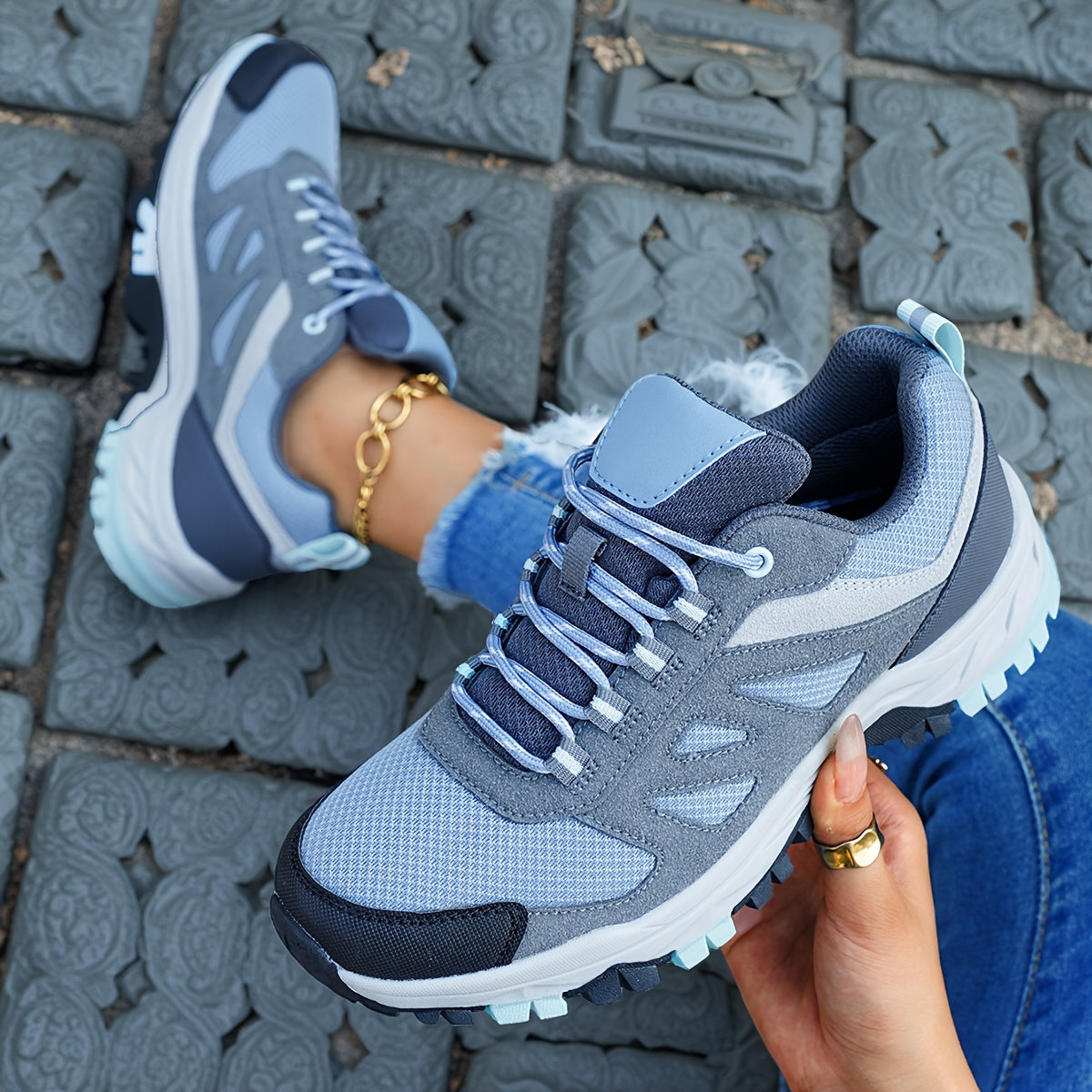 Women's Blue Grey Sneakers Ankle Boots With TPR Sole Breathable Fabric