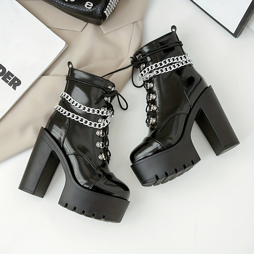 Women Black Gothic Ankle Boots High Heels Lace-Up Chain Decor