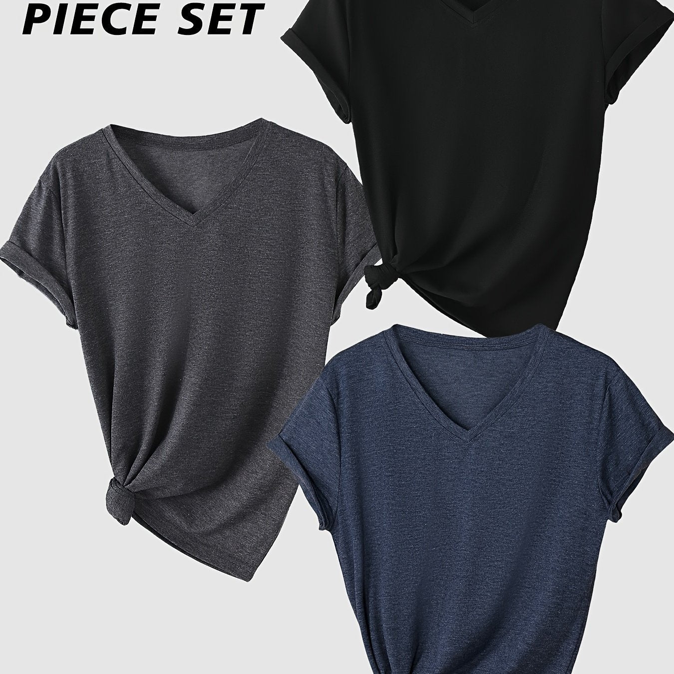 Short Sleeve V-Neck T-Shirt Set for Women Solid Color Rayon Casual Regular Fit