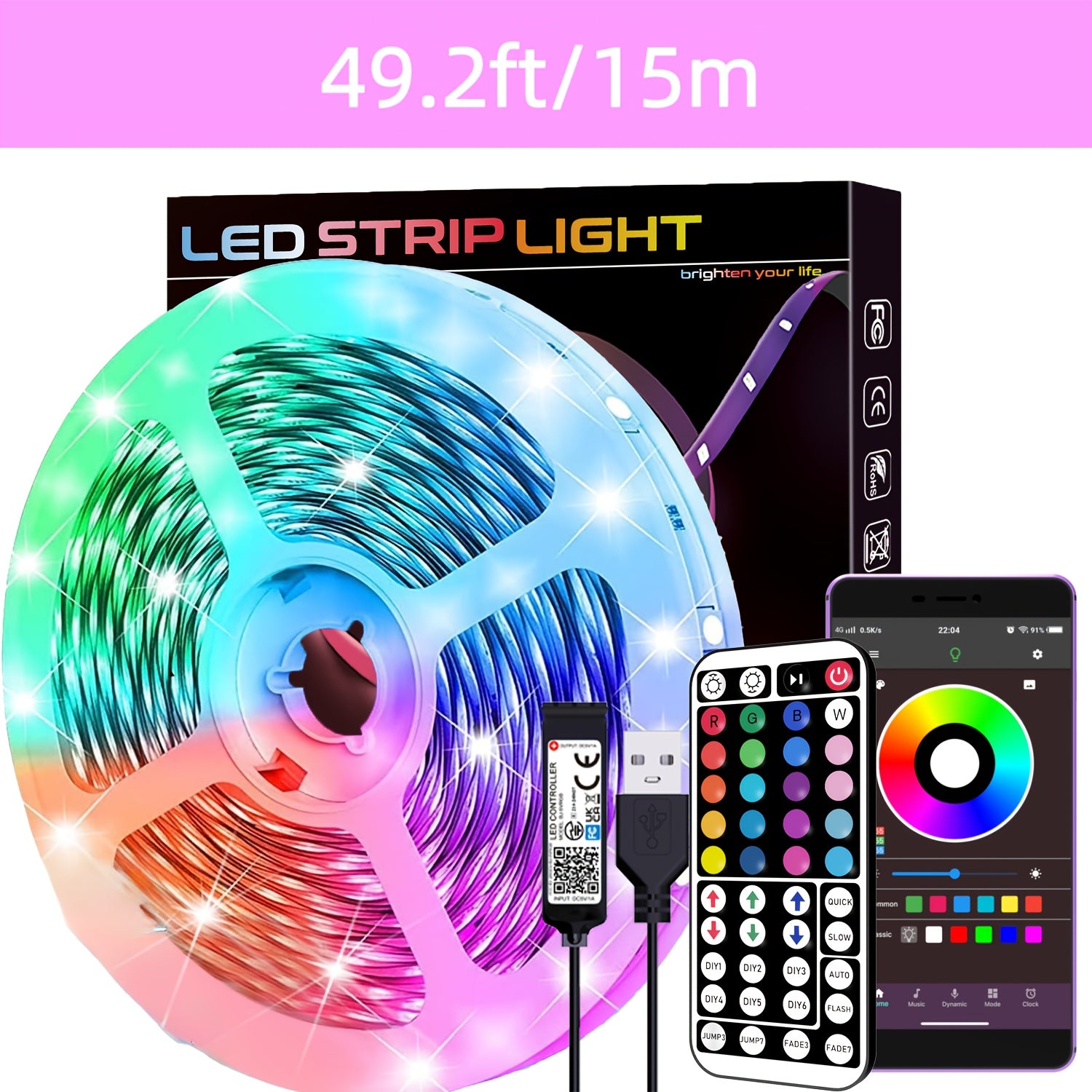 RGB LED Strip Lights with Music Sync, Adjustable Brightness, Remote Control, USB Powered for Bedroom Living Room Party Decor