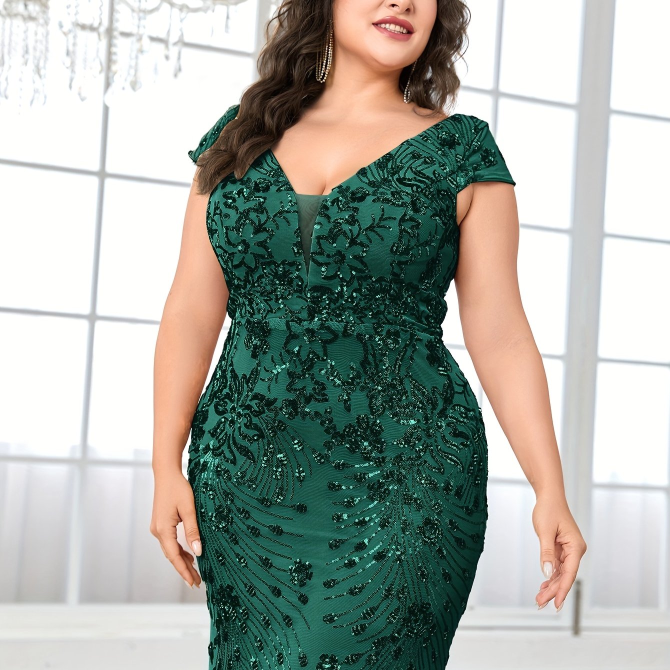 Plus Size Floral Sequin Mesh Bodycon Dress Longline Cap Sleeve Party Wear