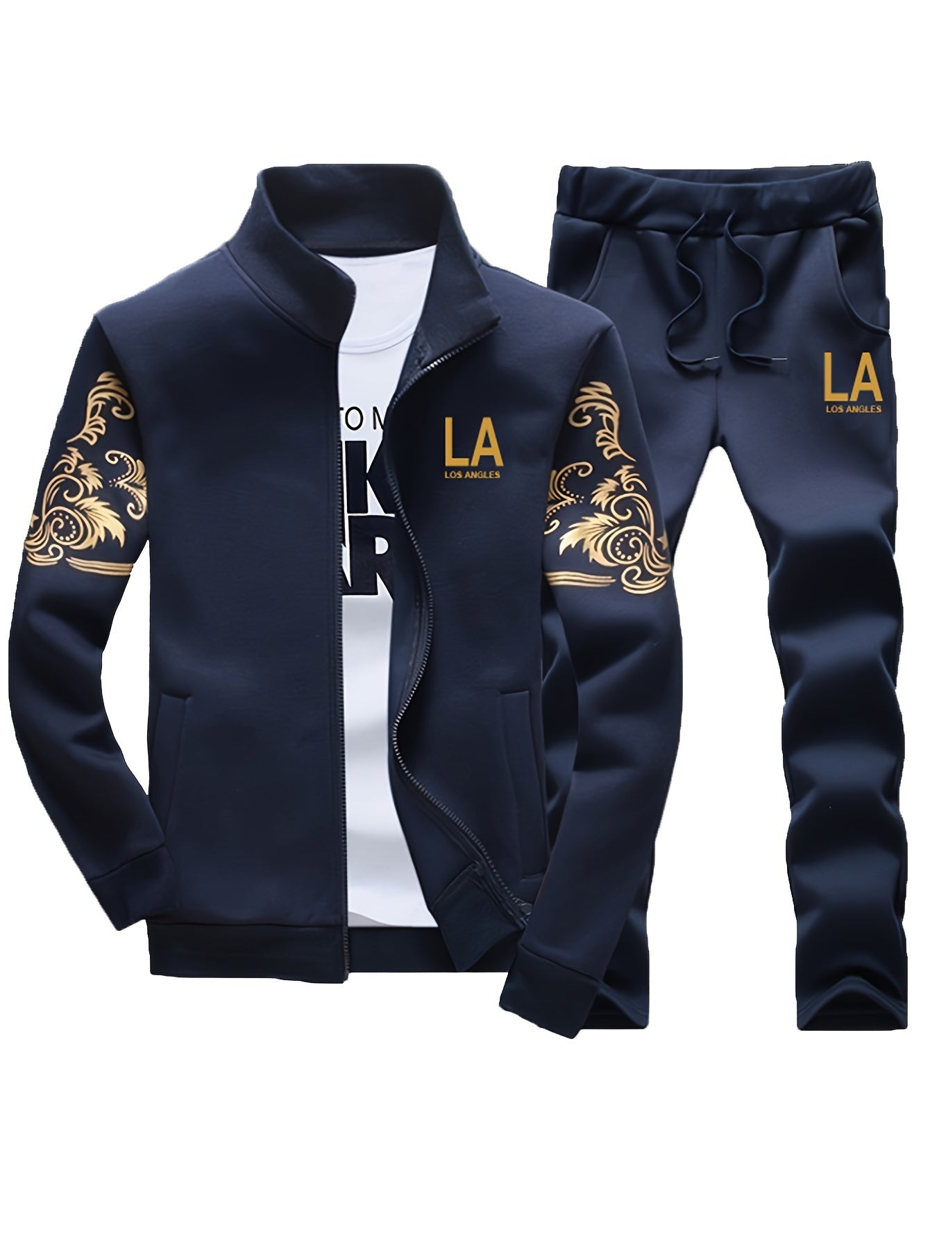 Men's Printed Zip Jacket and Drawstring Pants Set Casual Tracksuit Polyester