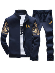 Men's Printed Zip Jacket and Drawstring Pants Set Casual Tracksuit Polyester