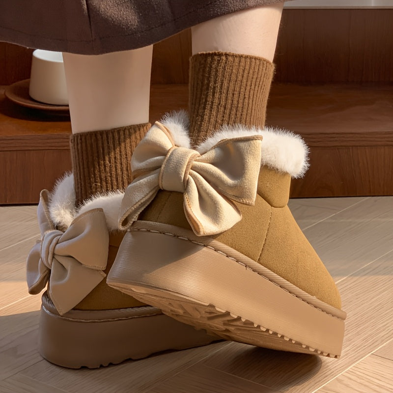 Women's Fleece-Lined Platform Slippers with Bow Indoor Shoes, EVA Sole
