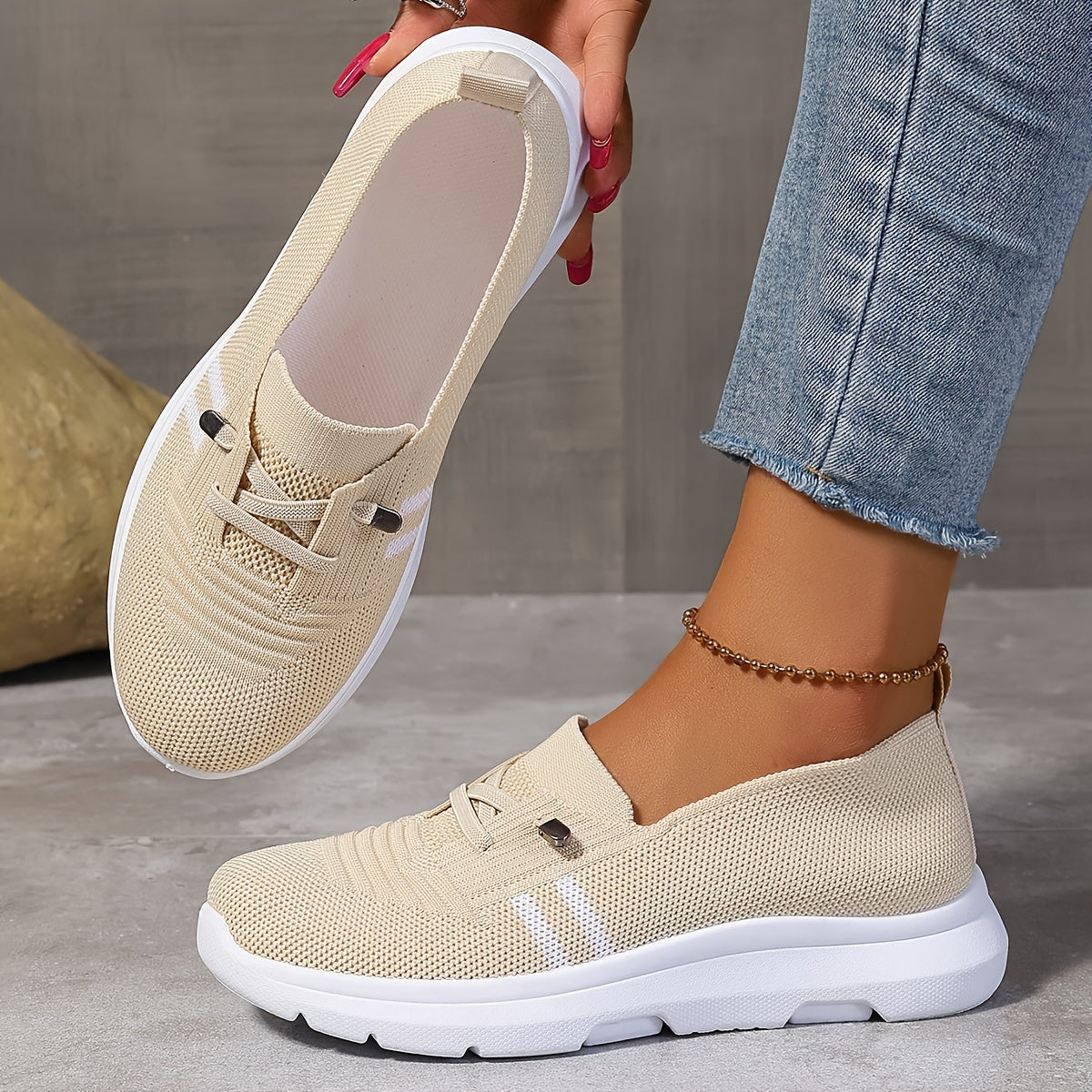 Ladies Breathable Casual Slip-On Sneakers Low Top Fabric Stripes