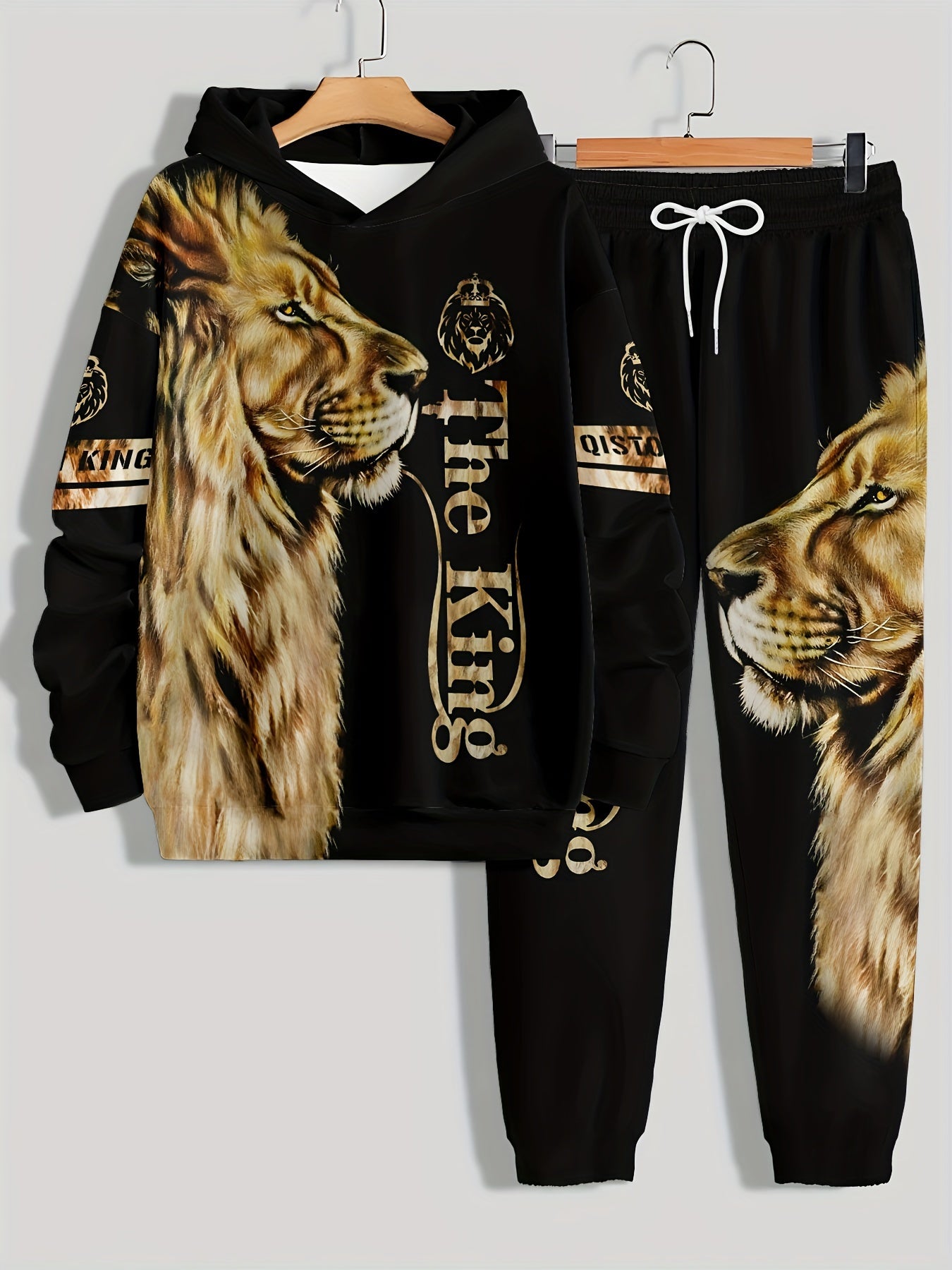 Men's Lion Print Hoodie and Sweatpants Set Polyester Knit Casual Regular Fit