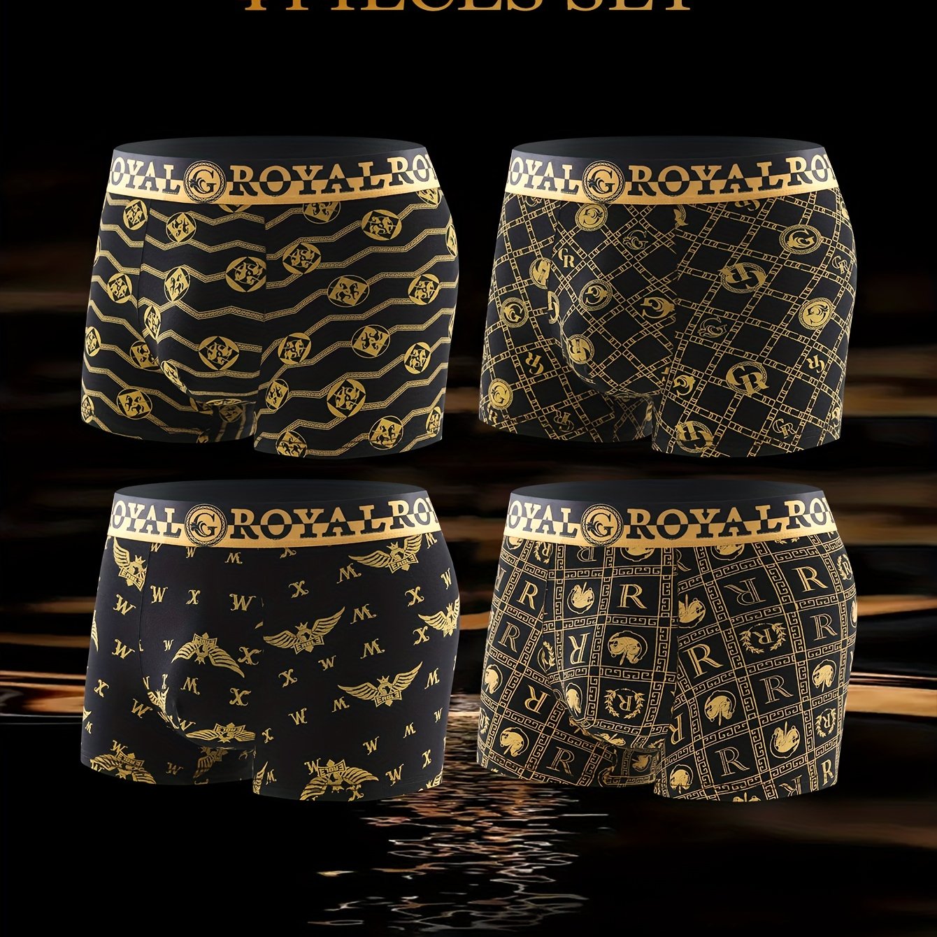 Men's Boxer Briefs Set of 4 Black and Gold Polyester Spandex Comfortable Non-Transparent