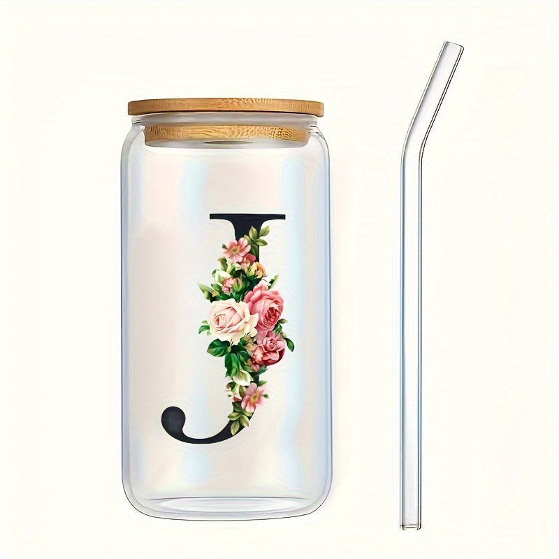 Flowers Drinking Glass with Bamboo Lid and Straw 16oz Coffee Mug for Women Girls