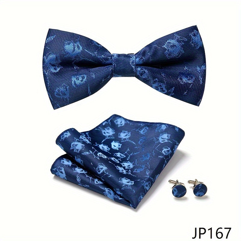 Men's Blue Polyester Tie and Pocket Square Set Floral Pattern for Formal Events