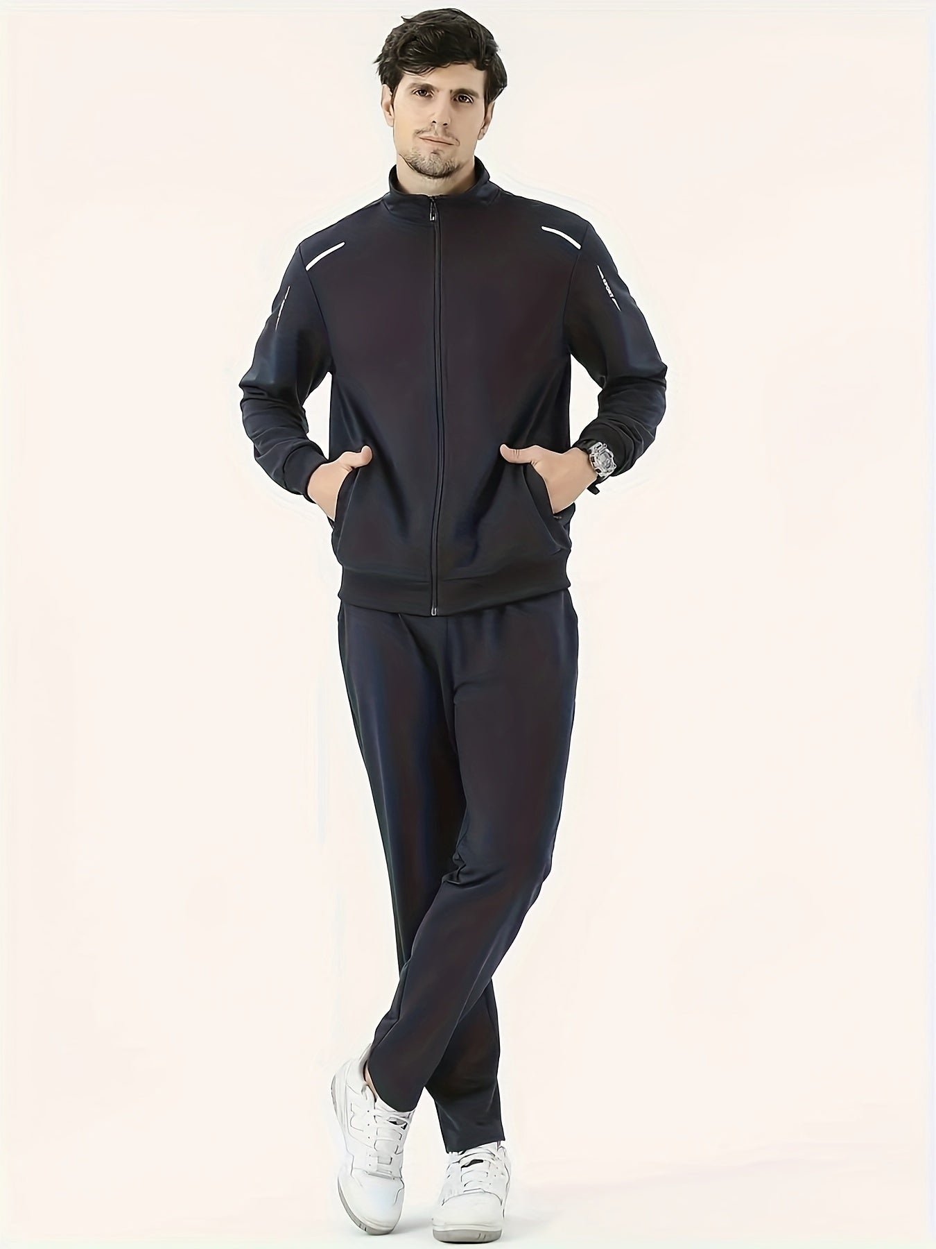 Men's Casual Sportswear Set Polyester Zip-Up Jacket and Drawstring Joggers with Pockets All-Season Comfort