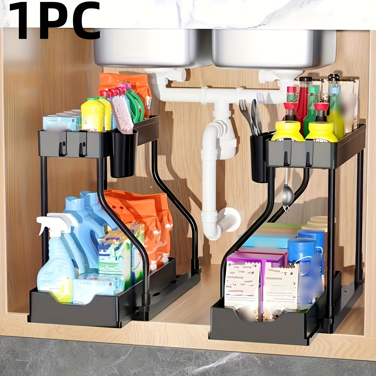 Черный двухъярусный органайзер под раковину с полками и крючками для кухни и ванной