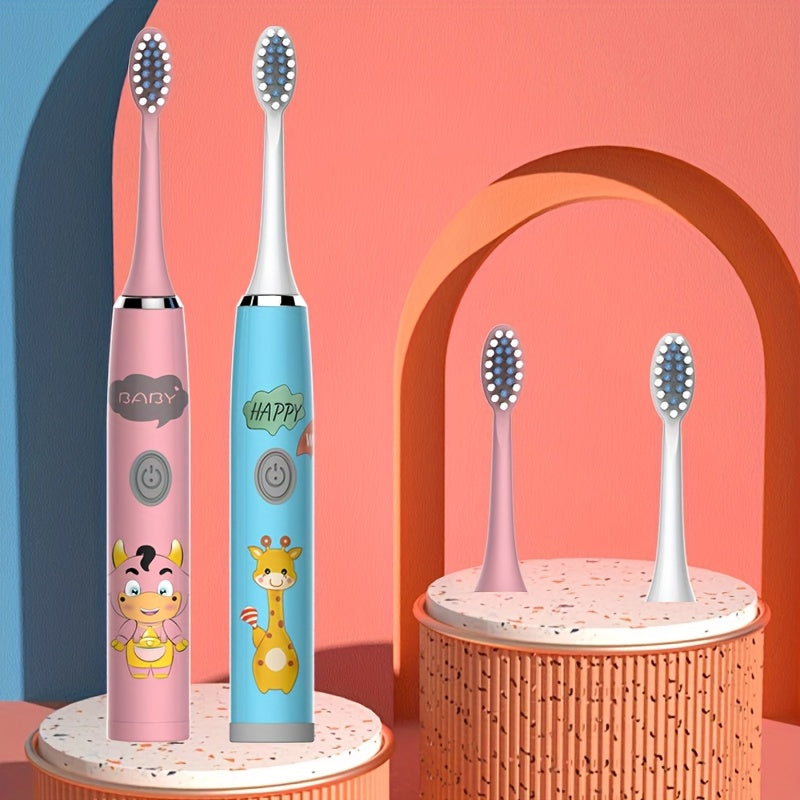Электрическая зубная щетка для детей с 4 насадками, мягкая щетина, работает на батарейках