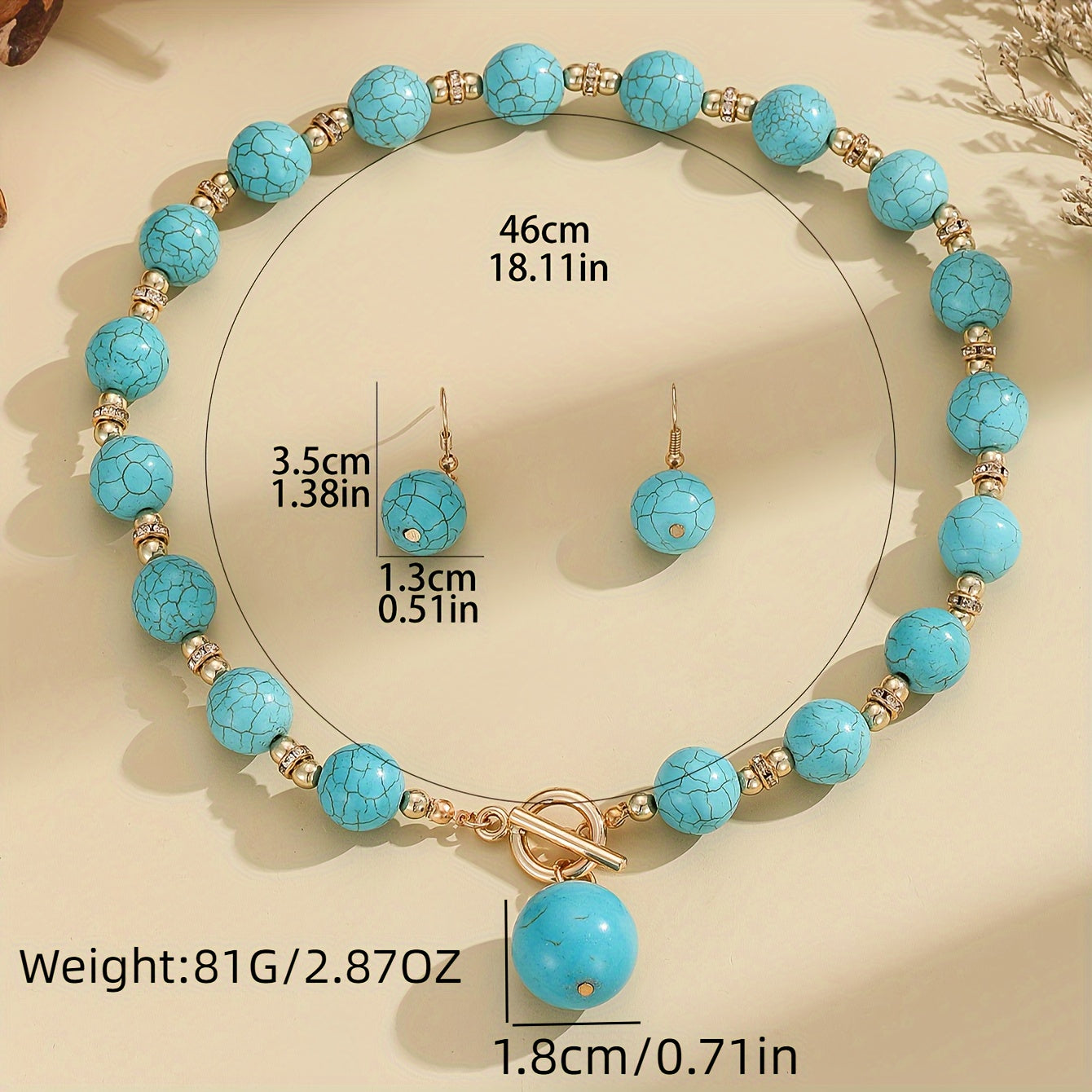 Bohemian Turquoise Beaded Gold Plated Jewelry Set Necklace Earrings for Wedding Engagement Festival