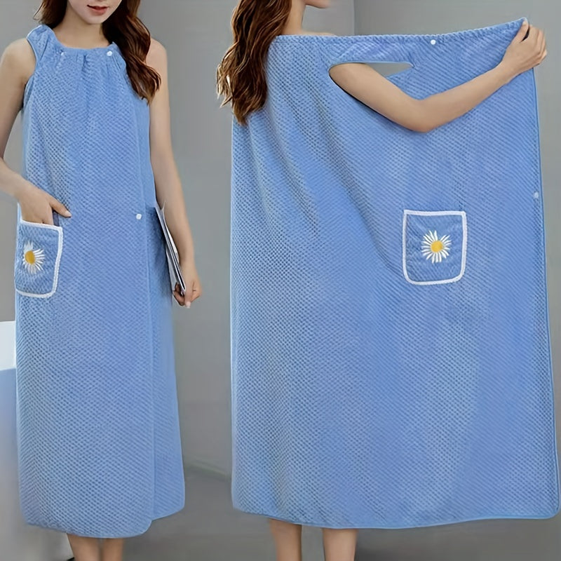 Light Blue Coral Fleece Bath Towel with Daisy Pocket Soft Absorbent Machine Washable
