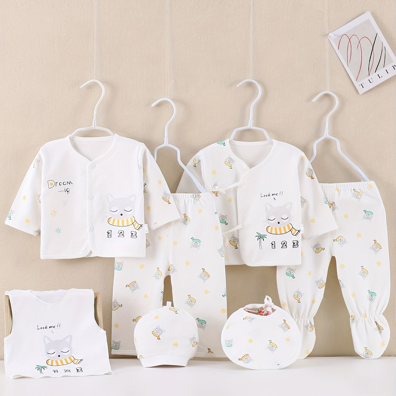 Детский 7-частный хлопковый комплект с котячим принтом для всех сезонов и активного отдыха