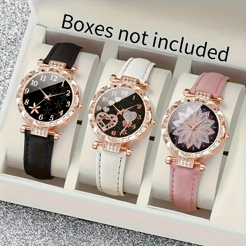 3-Piece Women's Watch Set Quartz Analog Rhinestone Leather Case Jewelry