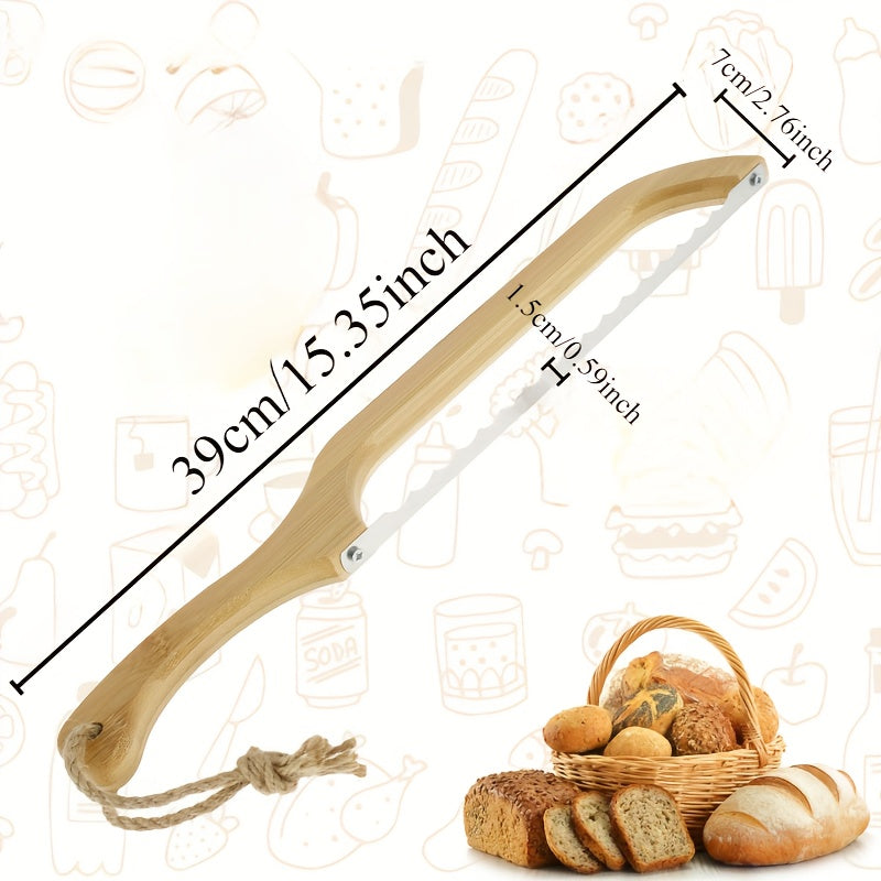 Ergonomic wooden bread cutter with serrated stainless steel blade ideal for sourdough bagels